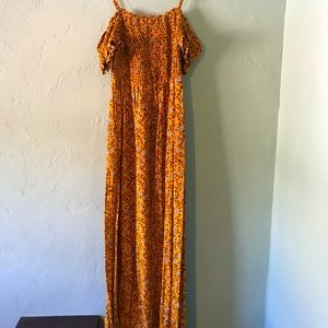 Mustard Yellow floral maxi dress with side sleeves and strap